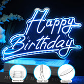 Neon sign with 'Happy Birthday' text on a dark background